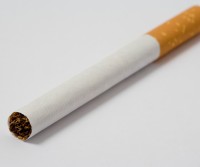 Full-length high-angle close-up view of a single cigarette against a white background.